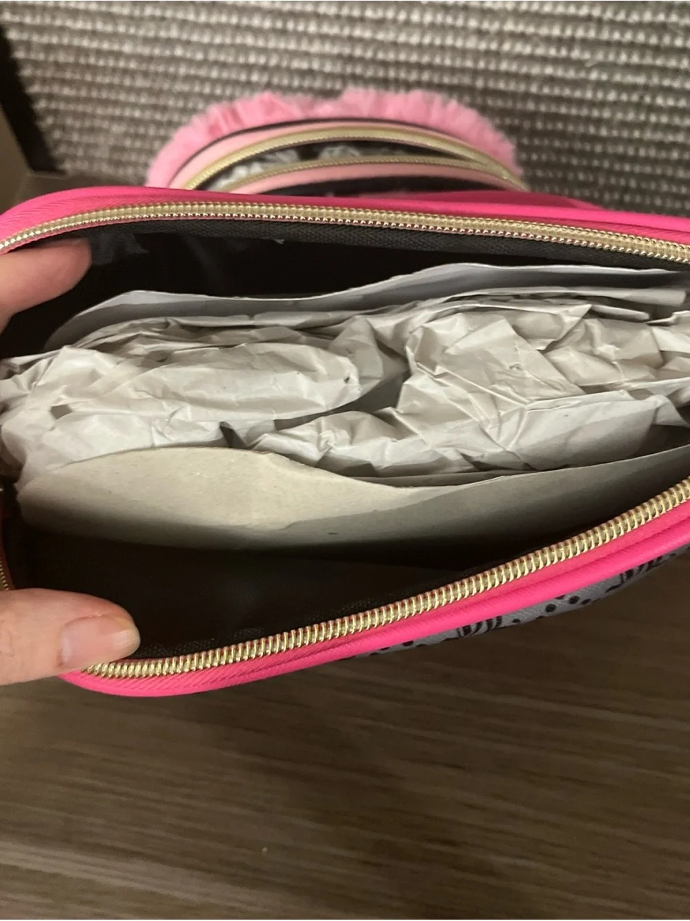 Juicy Couture Pink and Gray Faux-Fur Cosmetic Bag Set